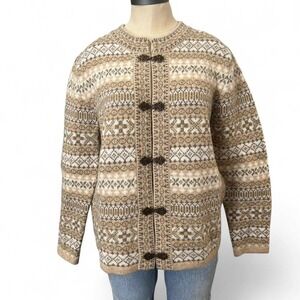 Beautiful vintage Cream and brown Susan Bristol 100% wool cardigan sweater